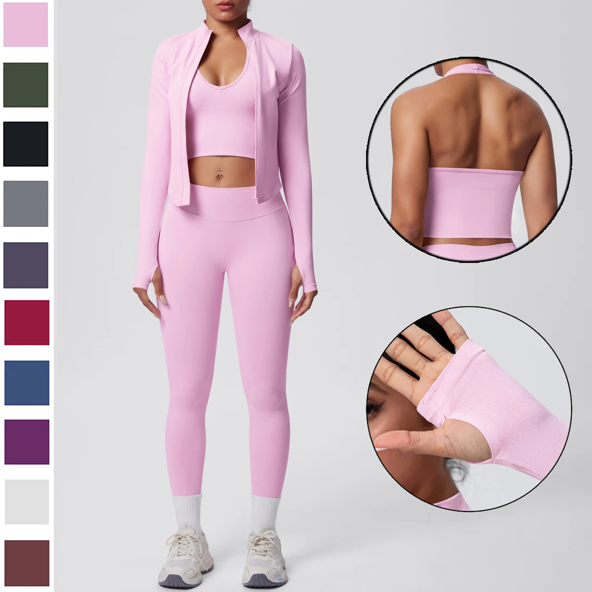 3PCS/set Women Sports Gym Yoga Set High Waisted Push Up Fitness Pants Sexy Backless Hanging Neck Bra Yoga Zipper Long Sleeves
