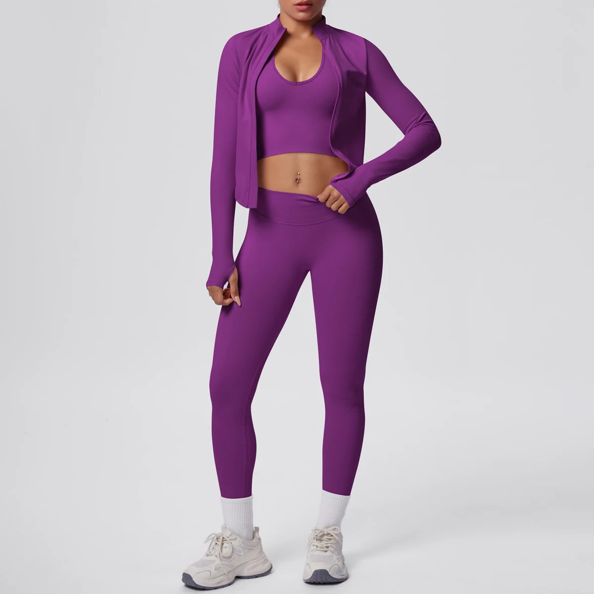 3PCS/set Women Sports Gym Yoga Set High Waisted Push Up Fitness Pants Sexy Backless Hanging Neck Bra Yoga Zipper Long Sleeves