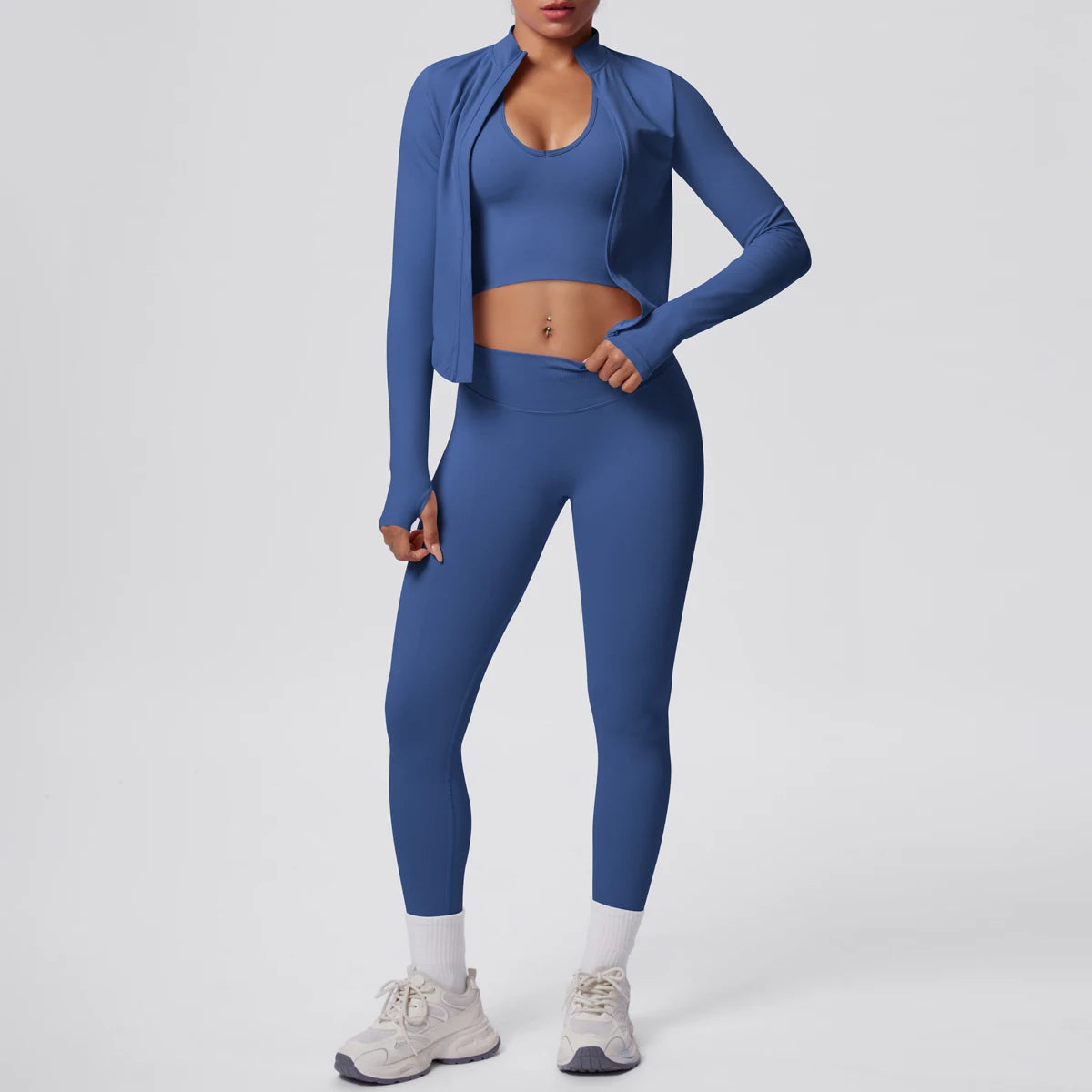 3PCS/set Women Sports Gym Yoga Set High Waisted Push Up Fitness Pants Sexy Backless Hanging Neck Bra Yoga Zipper Long Sleeves