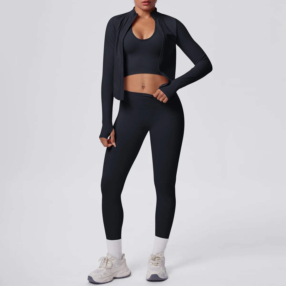3PCS/set Women Sports Gym Yoga Set High Waisted Push Up Fitness Pants Sexy Backless Hanging Neck Bra Yoga Zipper Long Sleeves