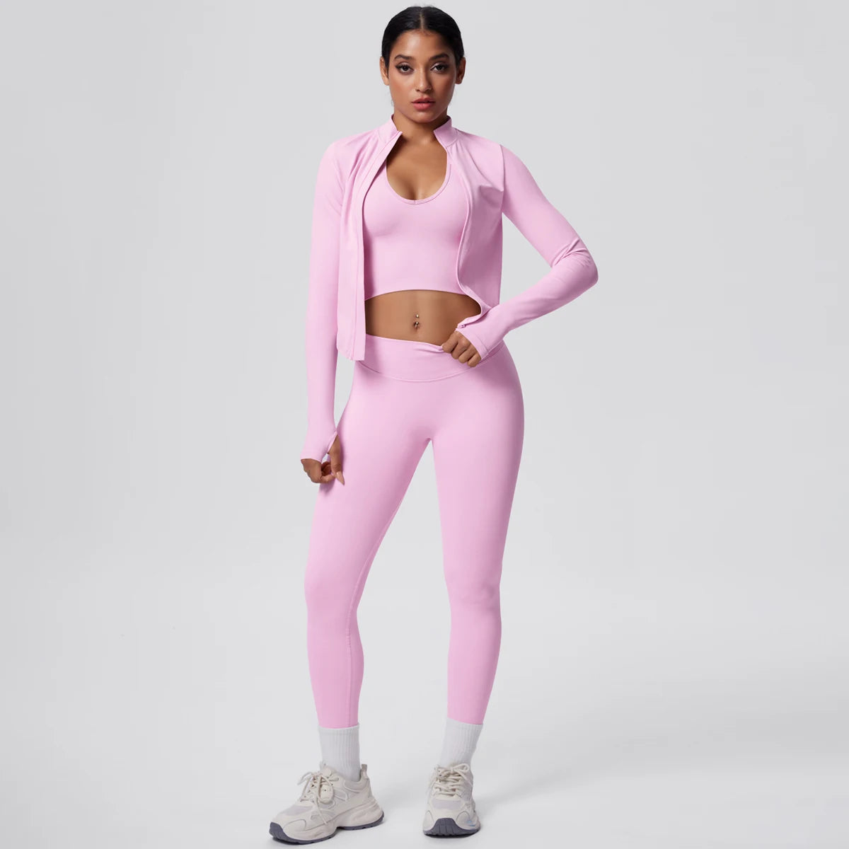 3PCS/set Women Sports Gym Yoga Set High Waisted Push Up Fitness Pants Sexy Backless Hanging Neck Bra Yoga Zipper Long Sleeves
