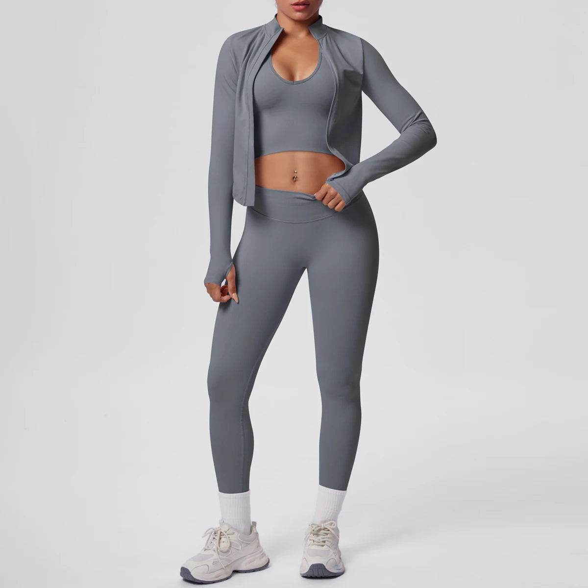 3PCS/set Women Sports Gym Yoga Set High Waisted Push Up Fitness Pants Sexy Backless Hanging Neck Bra Yoga Zipper Long Sleeves