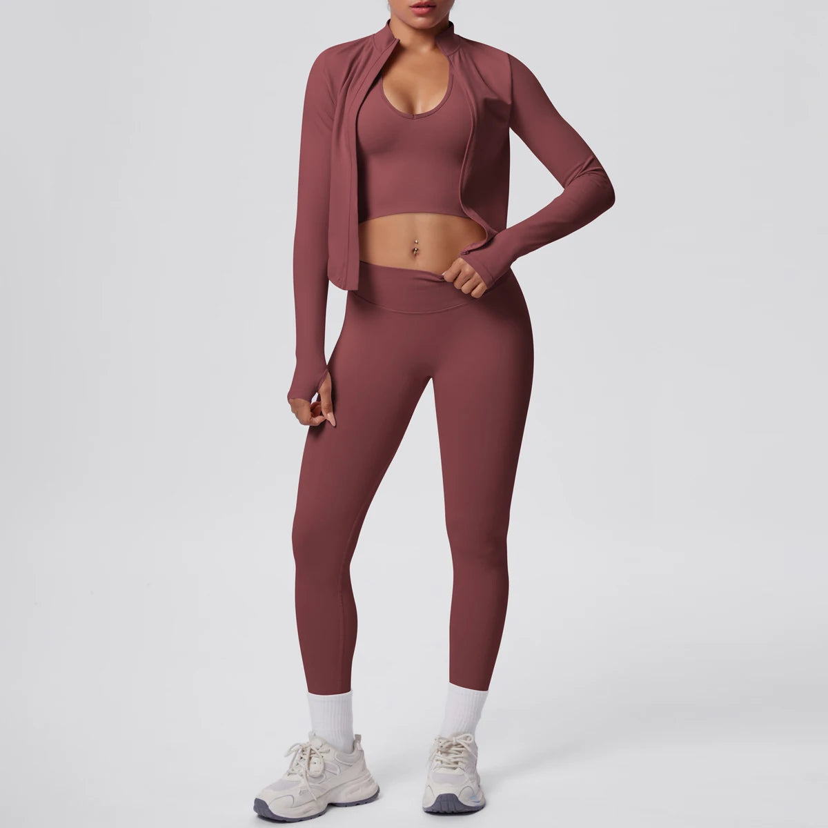 3PCS/set Women Sports Gym Yoga Set High Waisted Push Up Fitness Pants Sexy Backless Hanging Neck Bra Yoga Zipper Long Sleeves