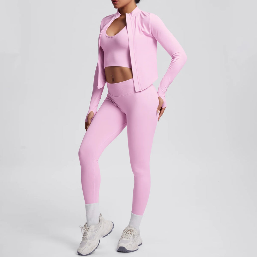 3PCS/set Women Sports Gym Yoga Set High Waisted Push Up Fitness Pants Sexy Backless Hanging Neck Bra Yoga Zipper Long Sleeves