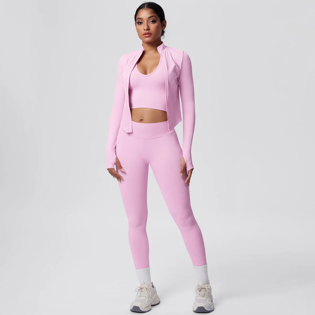 3PCS/set Women Sports Gym Yoga Set High Waisted Push Up Fitness Pants Sexy Backless Hanging Neck Bra Yoga Zipper Long Sleeves
