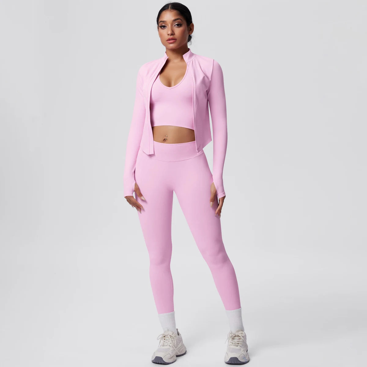 3PCS/set Women Sports Gym Yoga Set High Waisted Push Up Fitness Pants Sexy Backless Hanging Neck Bra Yoga Zipper Long Sleeves