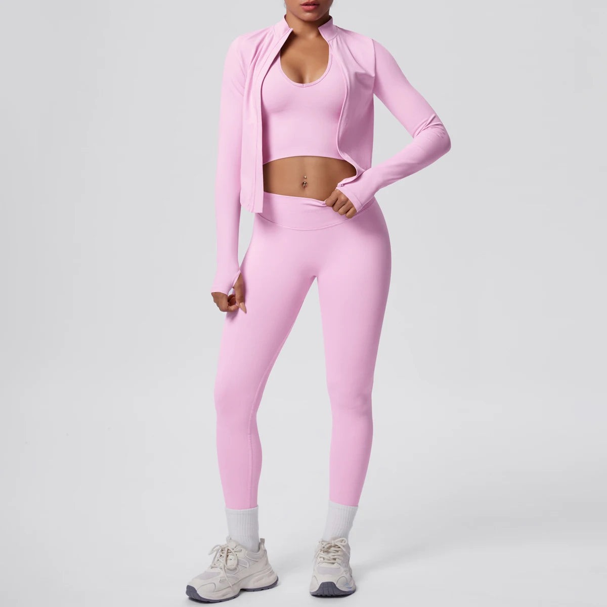 3PCS/set Women Sports Gym Yoga Set High Waisted Push Up Fitness Pants Sexy Backless Hanging Neck Bra Yoga Zipper Long Sleeves