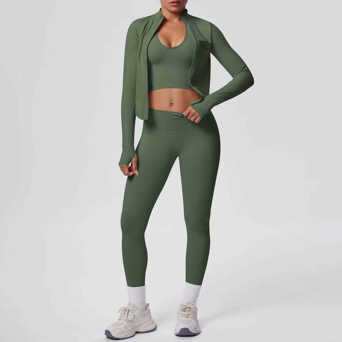 3PCS/set Women Sports Gym Yoga Set High Waisted Push Up Fitness Pants Sexy Backless Hanging Neck Bra Yoga Zipper Long Sleeves
