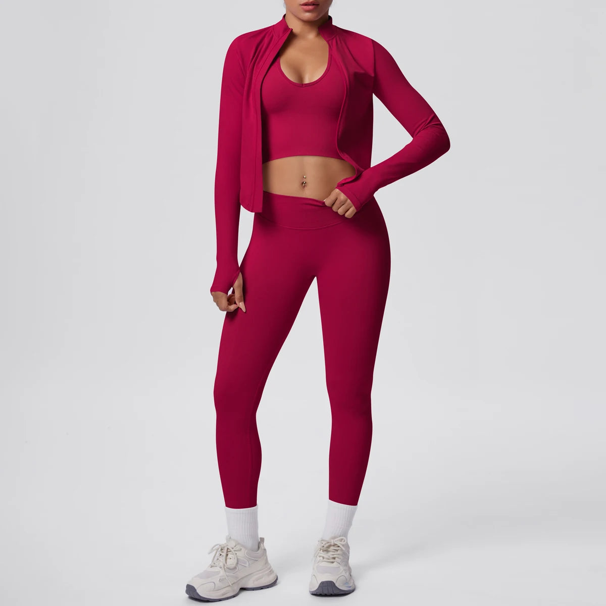 3PCS/set Women Sports Gym Yoga Set High Waisted Push Up Fitness Pants Sexy Backless Hanging Neck Bra Yoga Zipper Long Sleeves