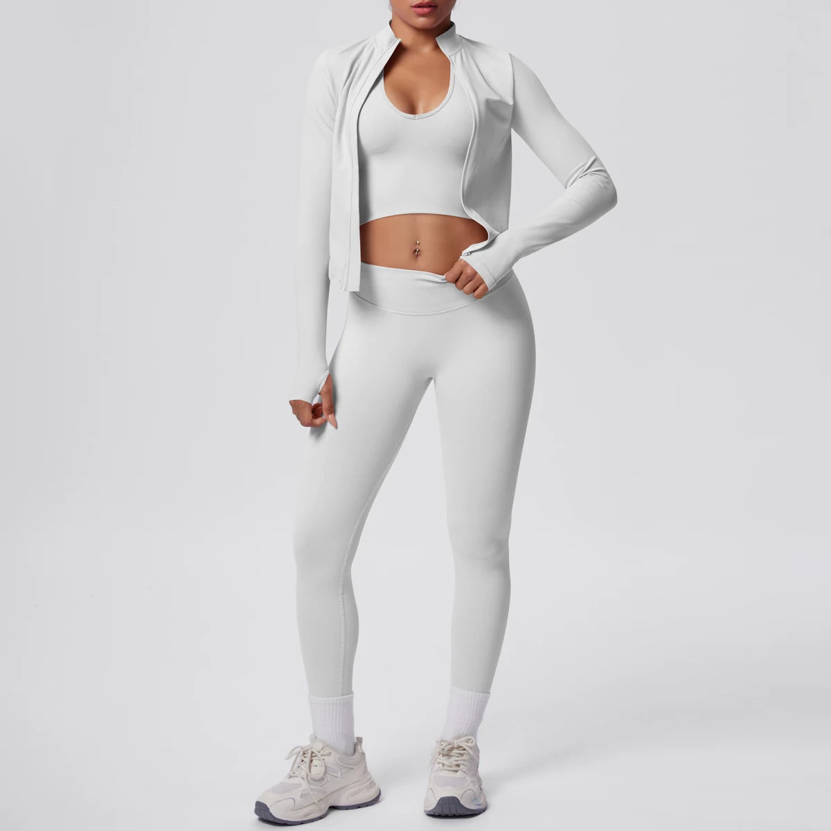 3PCS/set Women Sports Gym Yoga Set High Waisted Push Up Fitness Pants Sexy Backless Hanging Neck Bra Yoga Zipper Long Sleeves